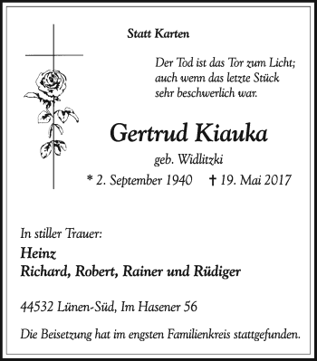 Traueranzeige von Gertrud Kiauka von Lüner Anzeiger