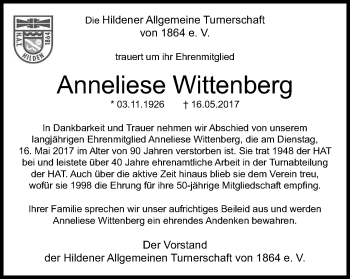 Traueranzeige von Anneliese Wittenberg von Wochen-Anzeiger Langenfeld/Monheim/Hilden