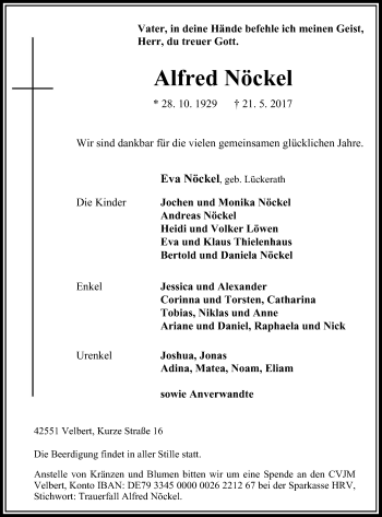 Traueranzeige von Alfred Nöckel von Stadtanzeiger Velbert + Heiligenhaus