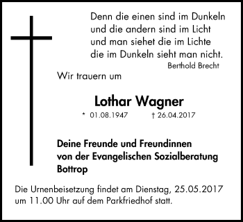 Traueranzeige von Lothar Wagner von Stadtspiegel Bottrop