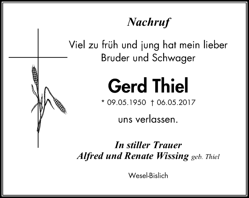  Traueranzeige für Gerd Thiel vom 24.05.2017 aus Der Weseler + Der Xantener