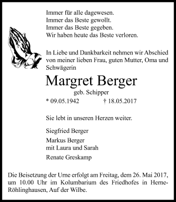 Traueranzeige von Margret Berger von Wochenblatt Herne/Wanne-Eickel