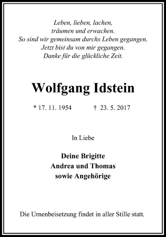  Traueranzeige für Wolfgang Idstein vom 27.05.2017 aus Stadtanzeiger Velbert + Heiligenhaus