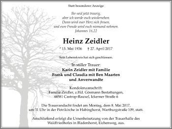 Traueranzeige von Heinz Zeidler von Stadtanz.Castrop-Rauxel