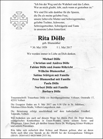 Traueranzeige von Rita Dölle von Stadtanzeiger Velbert + Heiligenhaus