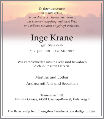 Traueranzeige von Inge Krane von Stadtanz.Castrop-Rauxel