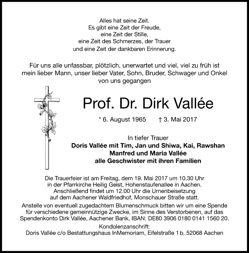  Traueranzeige für Dirk Vallee vom 13.05.2017 aus Stadtanzeiger Emmerich/Rees/Isselburg
