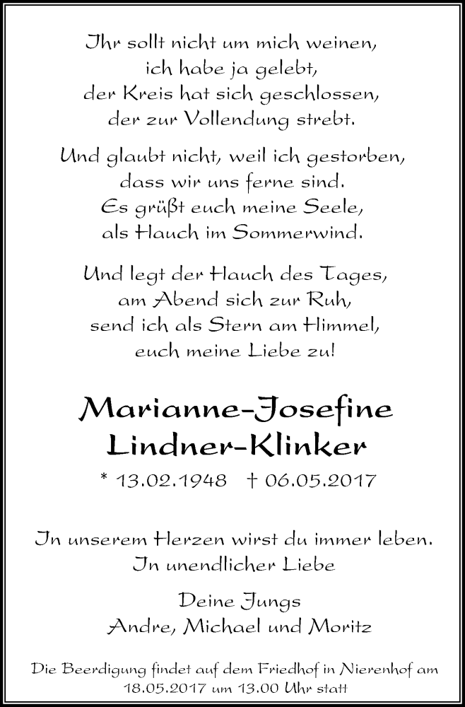  Traueranzeige für Marianne-Josefine Lindner-Klinker vom 17.05.2017 aus Stadtanzeiger Velbert + Heiligenhaus