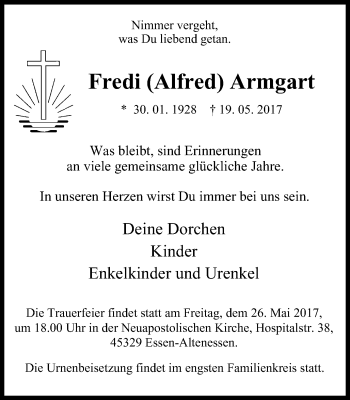 Traueranzeige von Fredi Alfred Armgart von Nord Anzeiger Essen