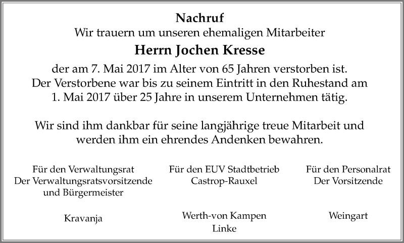  Traueranzeige für Jochen Kresse vom 13.05.2017 aus Stadtanz.Castrop-Rauxel