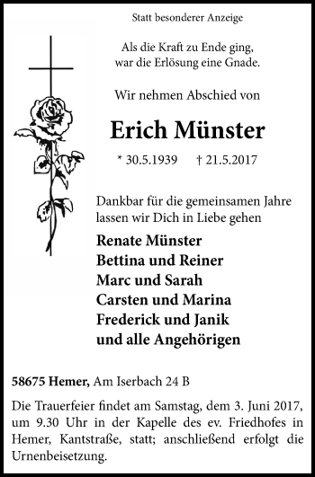Traueranzeige von Erich Münster von Stadtspiegel Iserlohn + Hemer