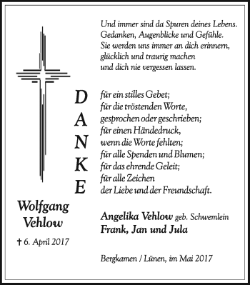 Traueranzeige von Wolfgang Vehlow von Stadtspiegel Kamen + Unna