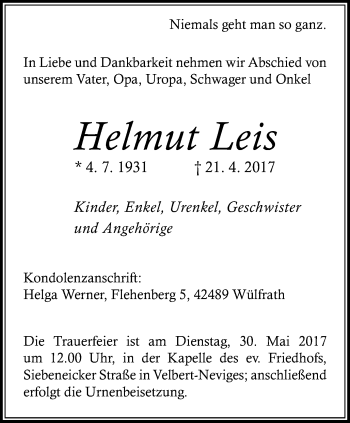 Traueranzeige von Helmut Leis von Stadtanzeiger Velbert + Heiligenhaus