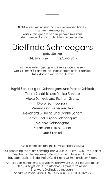Traueranzeige von Dietlinde Schneegans von Stadtanzeiger Emmerich/Rees/Isselburg