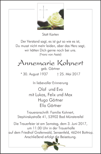 Traueranzeige von Annemarie Kohnert von Stadtspiegel Bottrop