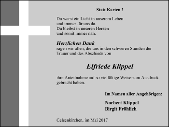 Traueranzeige von Elfriede Klippel von Stadtspiegel Gelsenkirchen