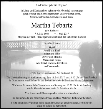 Traueranzeige von Martha Tebartz von Klever Wochenblatt
