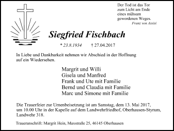 Traueranzeige von Siegfried Fischbach von Wochen-Anzeiger Oberhausen