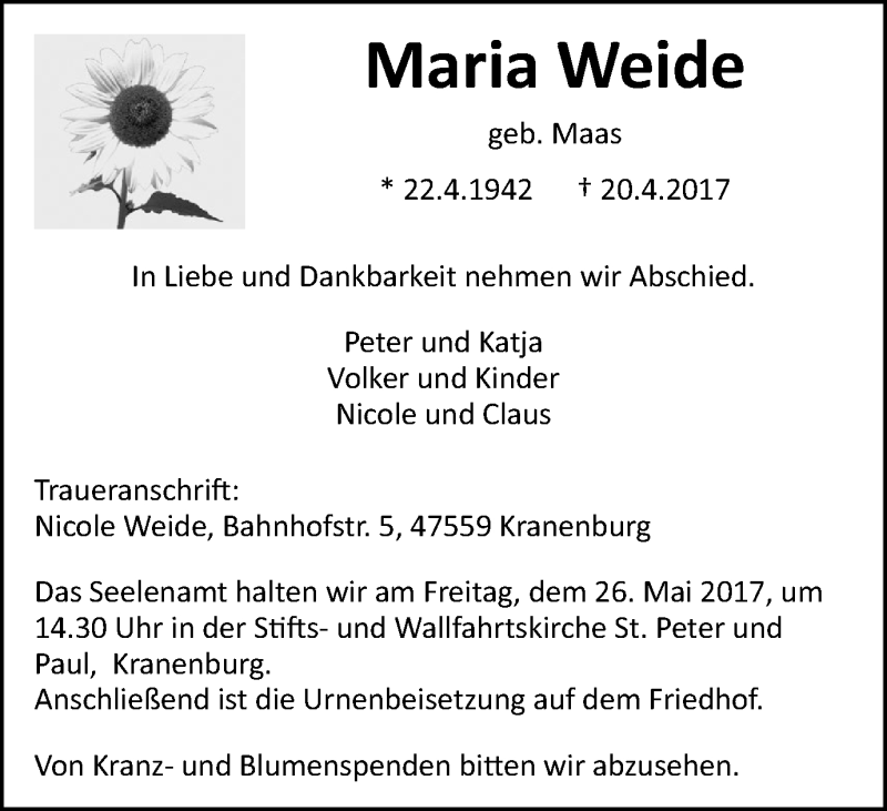  Traueranzeige für Maria Weide vom 24.05.2017 aus Klever Wochenblatt
