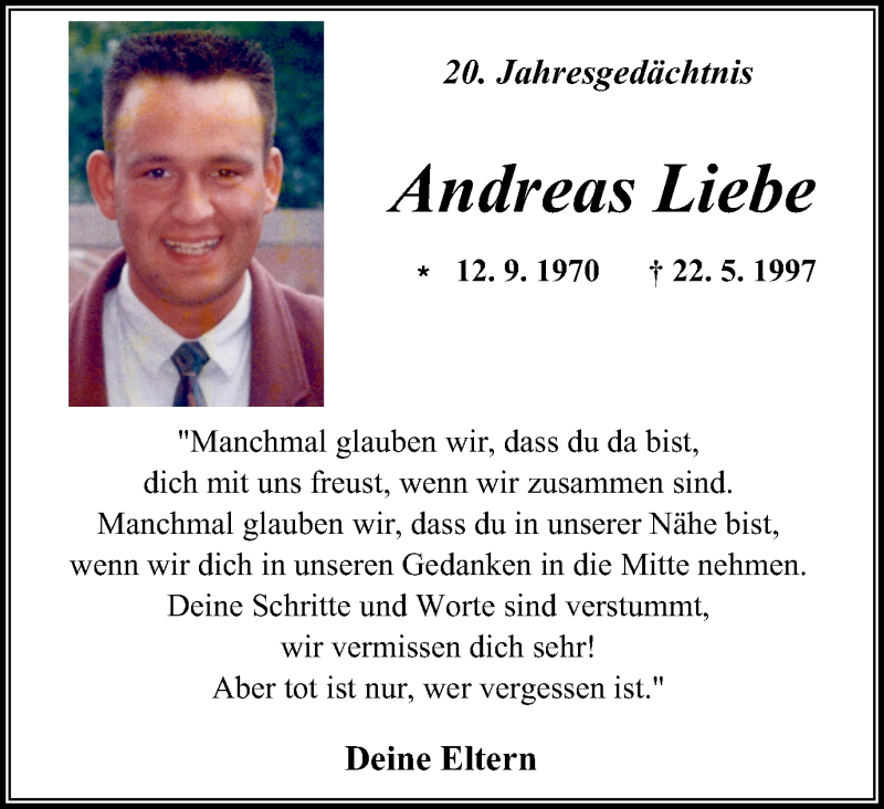  Traueranzeige für Andreas Liebe vom 27.05.2017 aus Wochen-Anzeiger Oberhausen