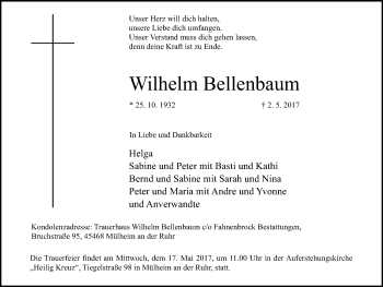 Traueranzeige von Wilhelm Bellenbaum von Mülheimer Woche
