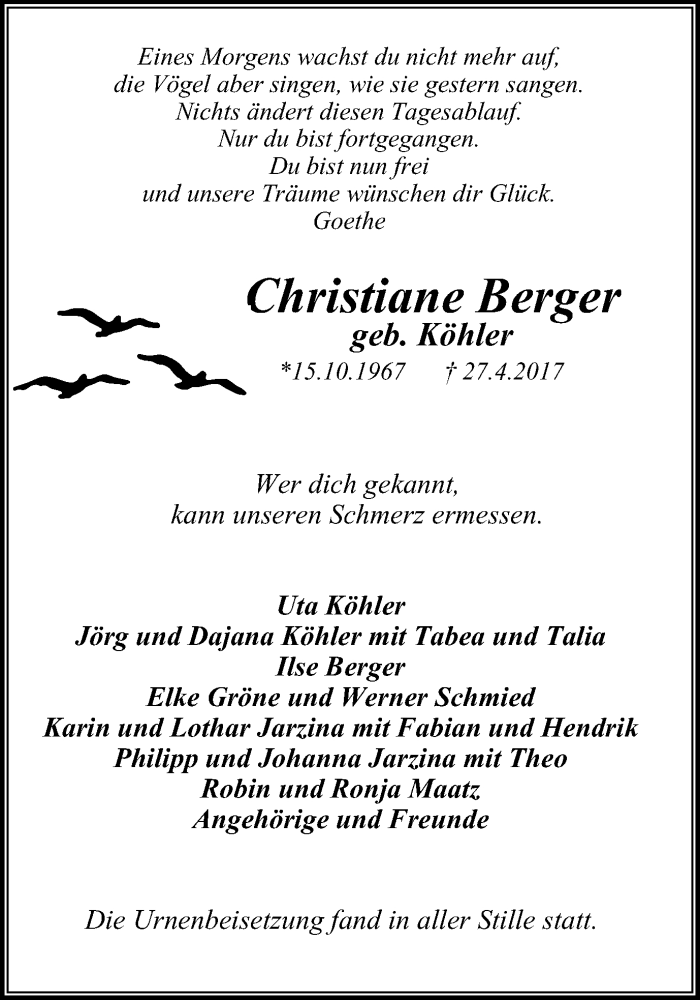  Traueranzeige für Christiane Berger vom 20.05.2017 aus Stadtanz.Castrop-Rauxel