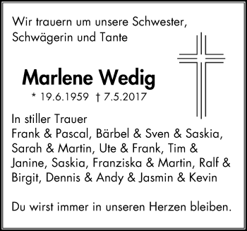 Traueranzeige von Marlene Wedig von Klever Wochenblatt