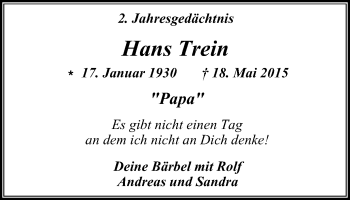Traueranzeige von Hans Trein von Wochen-Anzeiger Oberhausen