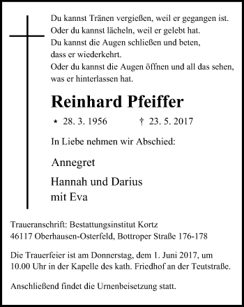 Traueranzeige von Reinhard Pfeiffer von Wochen-Anzeiger Oberhausen