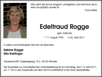 Traueranzeige von Edeltraud Rogge von Lüner Anzeiger