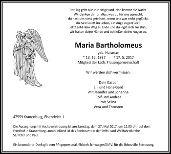 Traueranzeige von Maria Bartholomeus von Klever Wochenblatt