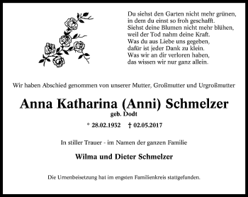 Traueranzeige von Anna Katharina Schmelzer von Stadtspiegel Menden + Froendenberg