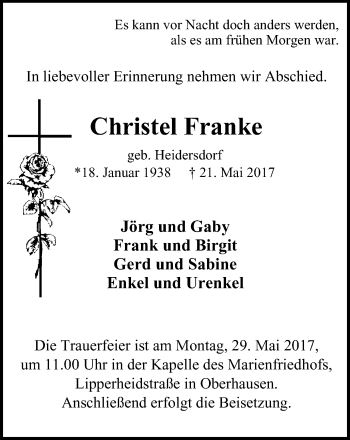 Traueranzeige von Christel Franke von Wochen-Anzeiger Oberhausen