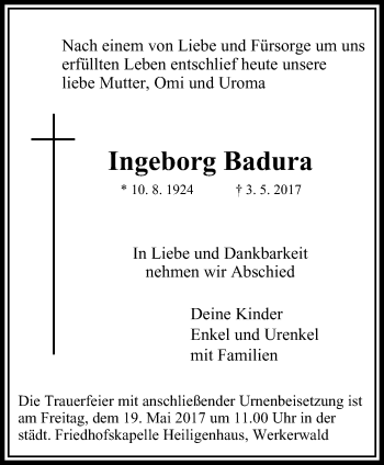 Traueranzeige von Ingeborg Badura von Stadtanzeiger Velbert + Heiligenhaus