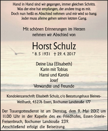 Traueranzeige von Horst Schulz von Steeler Kurier