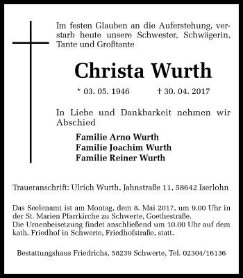 Traueranzeige von Christa Wurth von Stadtspiegel Menden+Fröndenberg+Iserlohn/Hemer