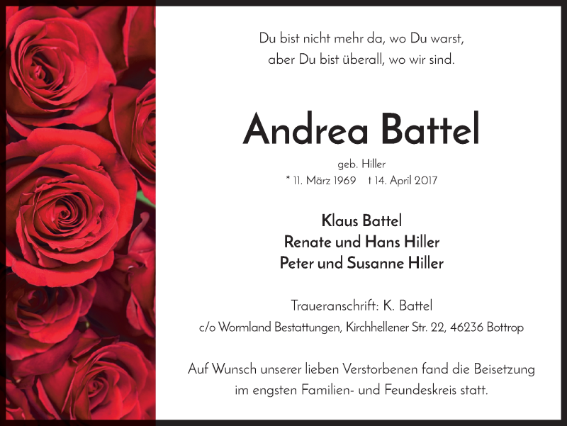  Traueranzeige für Andrea Battel vom 06.05.2017 aus Stadtspiegel Bottrop