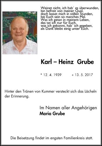 Traueranzeige von Karl-Heinz Grube von Wochen-Anzeiger Duisburg