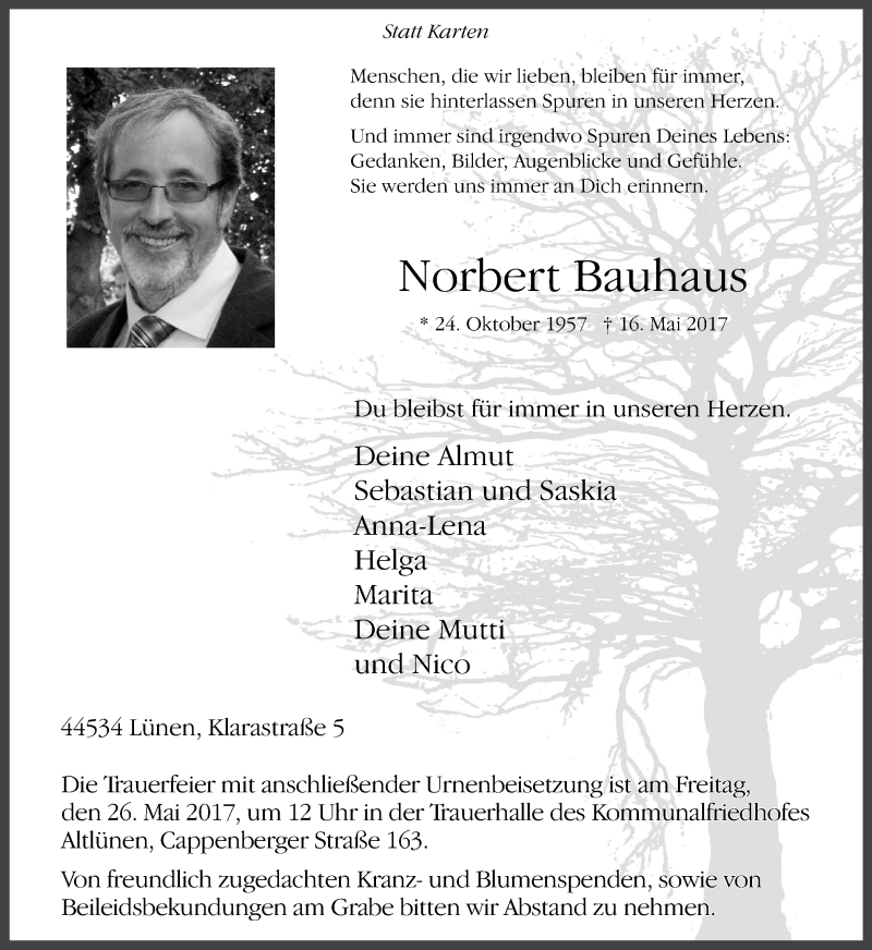  Traueranzeige für Norbert Bauhaus vom 20.05.2017 aus Lüner Anzeiger