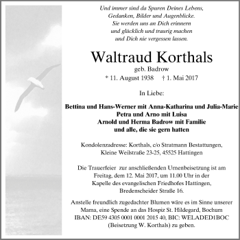 Traueranzeige von Waltraud Korthals von Stadtspiegel Hattingen/Niedersprockhövel
