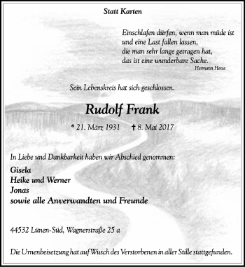 Traueranzeige von Rudolf Frank von Lüner Anzeiger