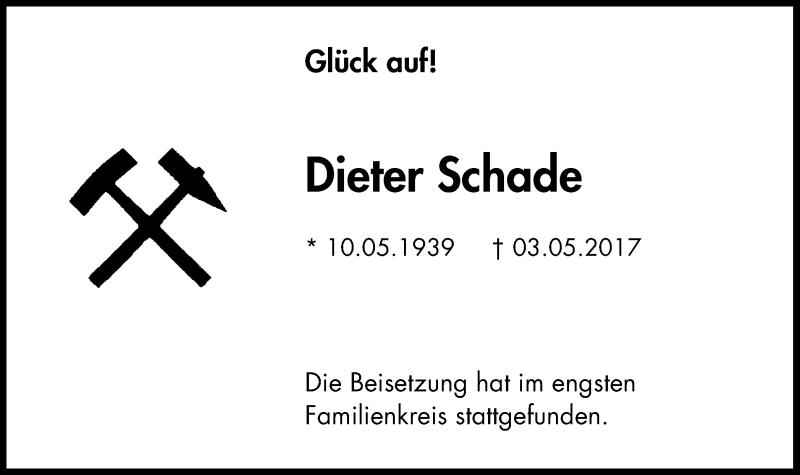  Traueranzeige für Dieter Schade vom 20.05.2017 aus Stadtspiegel Bochum