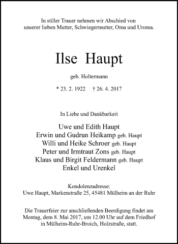 Traueranzeige von Ilse Haupt von Mülheimer Woche