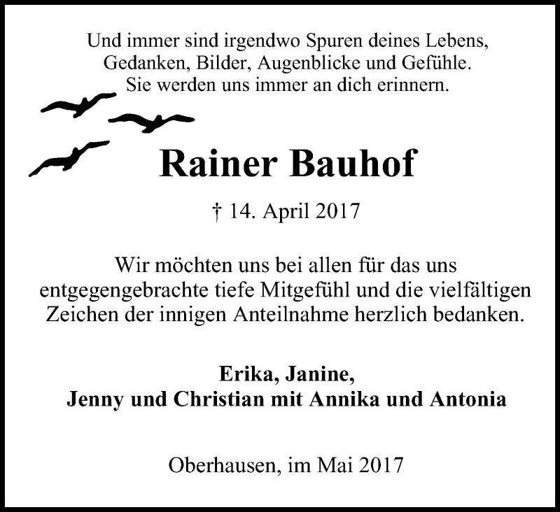  Traueranzeige für Rainer Bauhof vom 13.05.2017 aus Wochen-Anzeiger Oberhausen