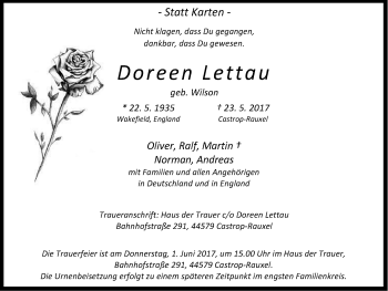 Traueranzeige von Doreen Lettau von Stadtanz.Castrop-Rauxel