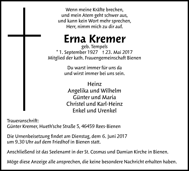  Traueranzeige für Erna Kremer vom 31.05.2017 aus Stadtanzeiger Emmerich/Rees/Isselburg
