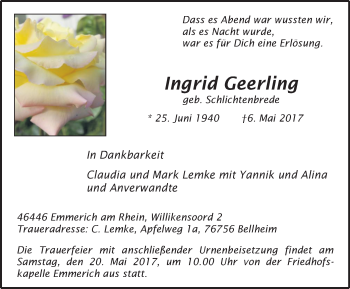 Traueranzeigen von Ingrid Geerling | Trauer-in-NRW.de