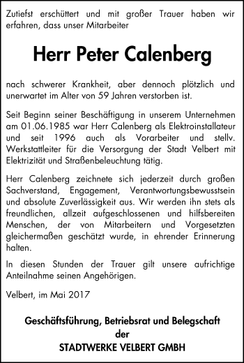 Traueranzeige von Peter Calenberg von Stadtanzeiger Velbert + Heiligenhaus