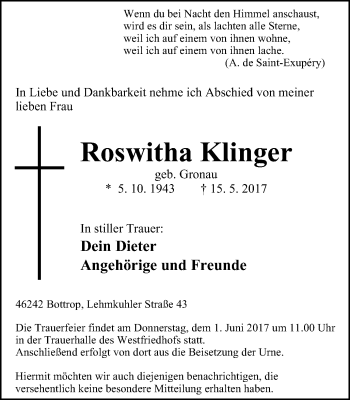 Traueranzeige von Roswitha Klinger von Stadtspiegel Bottrop