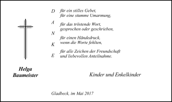 Traueranzeige von Helga Baumeister von Stadtspiegel Gladbeck